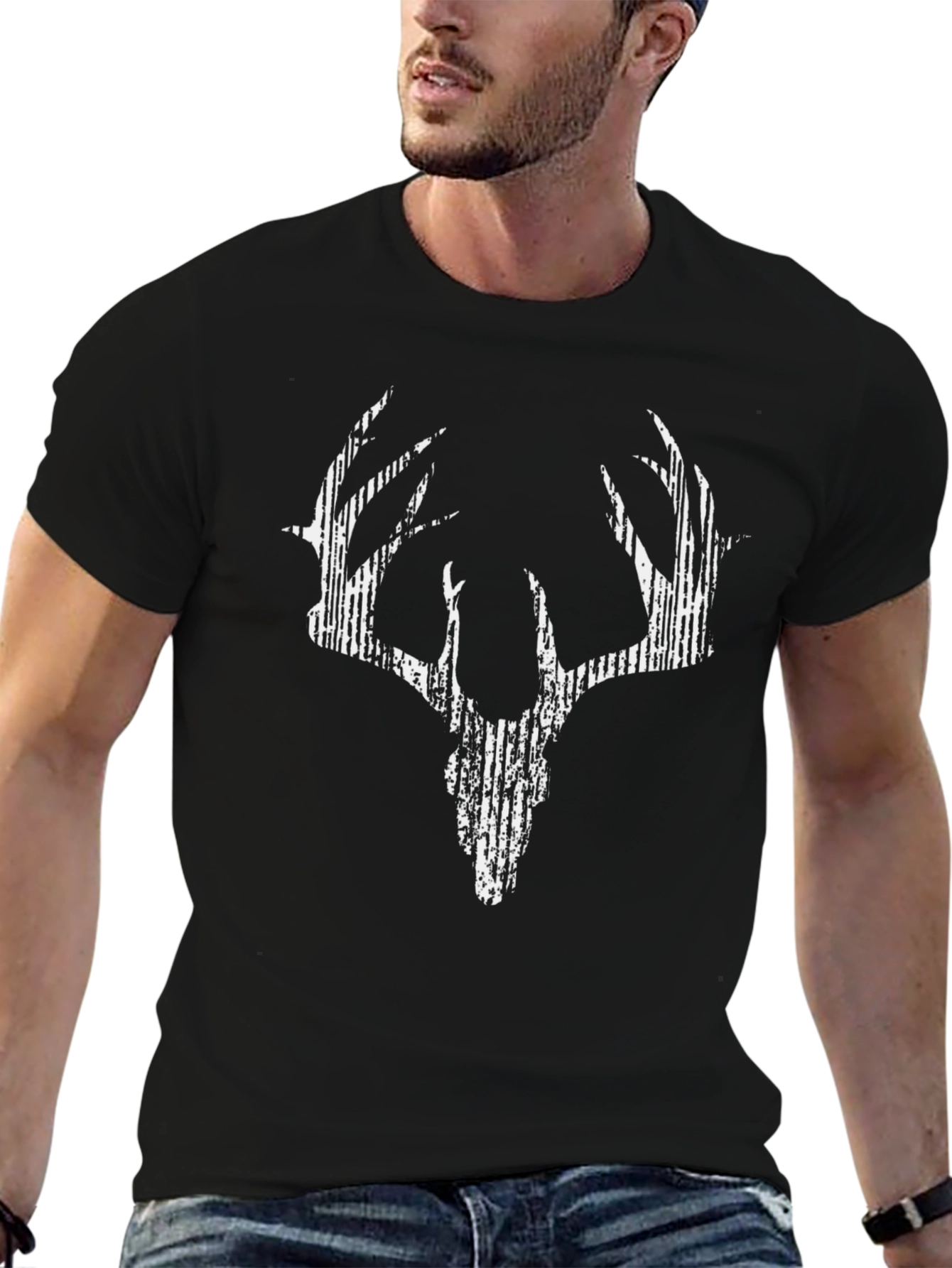 Graphic Deer Skull Print Tee - Casual Black T-Shirt