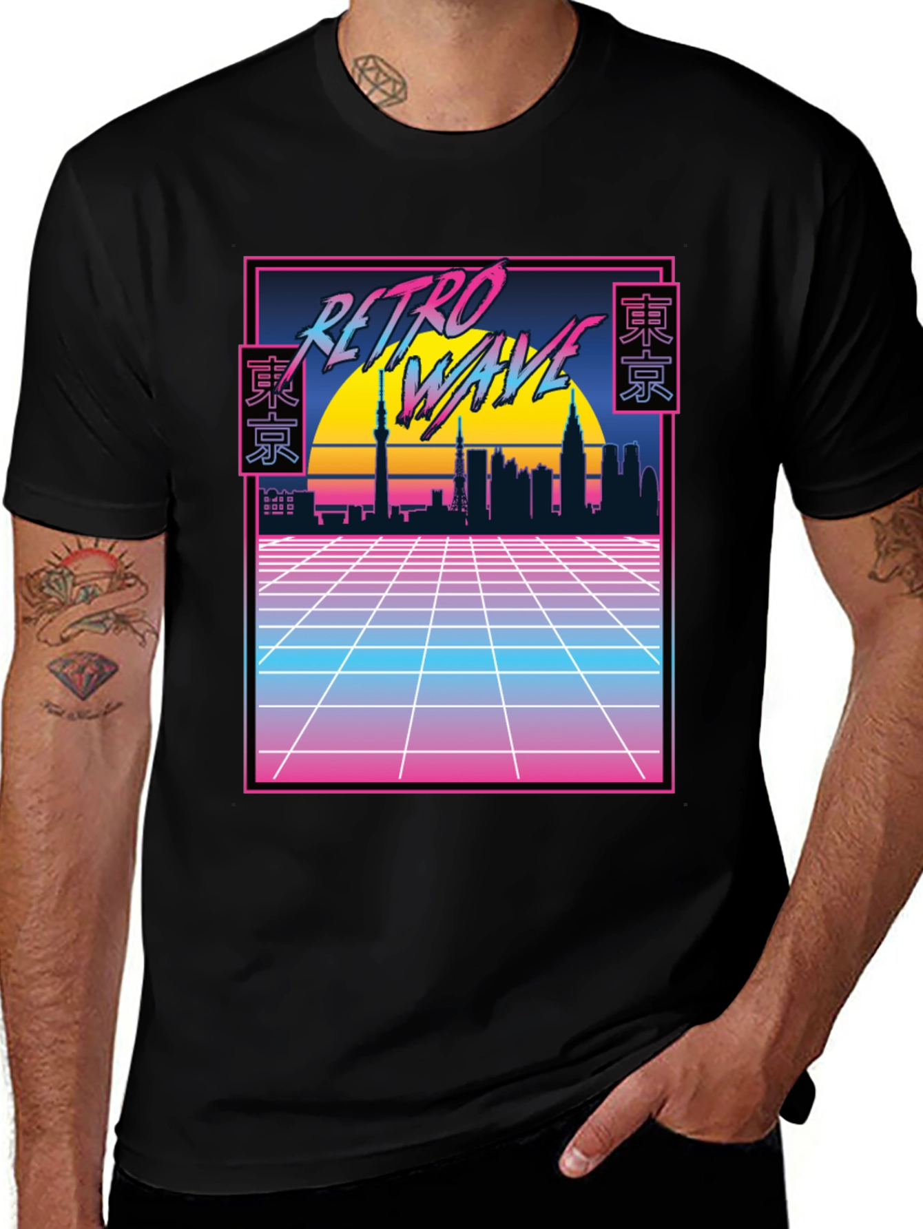 Retro Wave Tokyo Skyline T-Shirt - Black