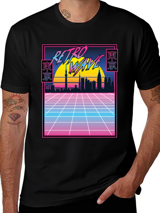 Retro Wave Tokyo Skyline T-Shirt - Black