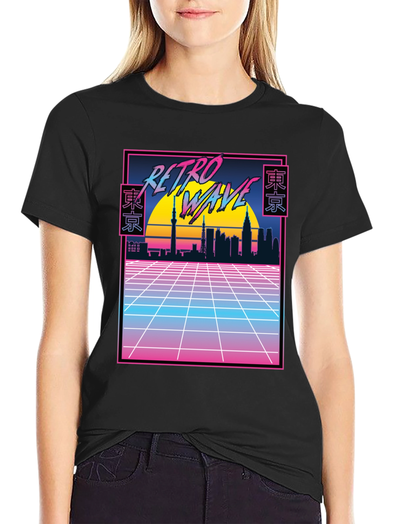 Retro Wave Tokyo Skyline T-Shirt - Black