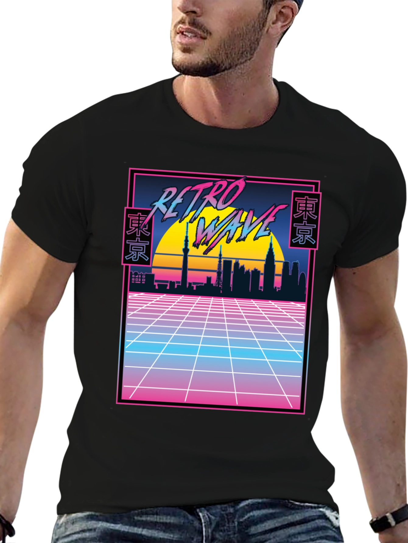 Retro Wave Tokyo Skyline T-Shirt - Black