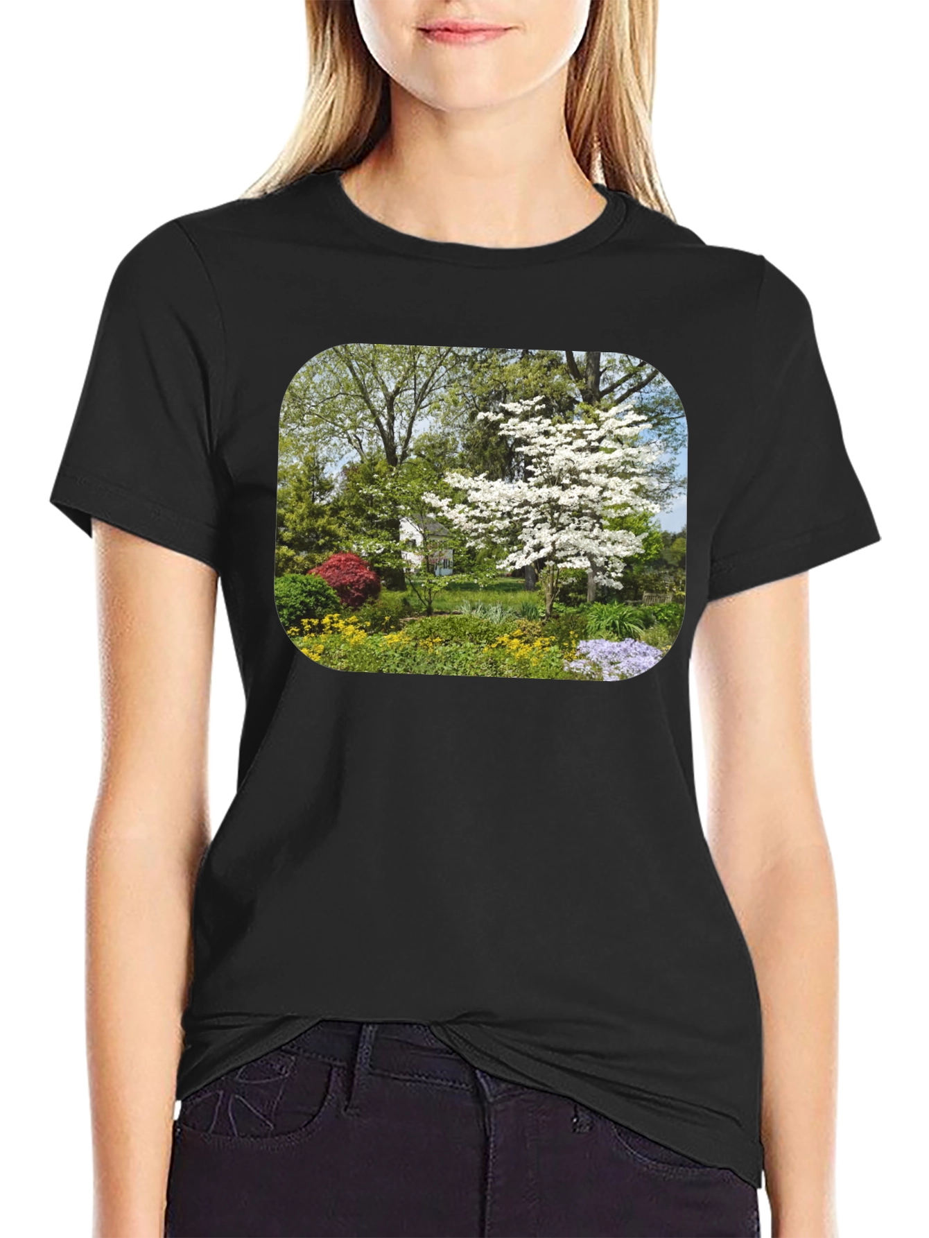 Nature Garden Scene Black T-Shirt