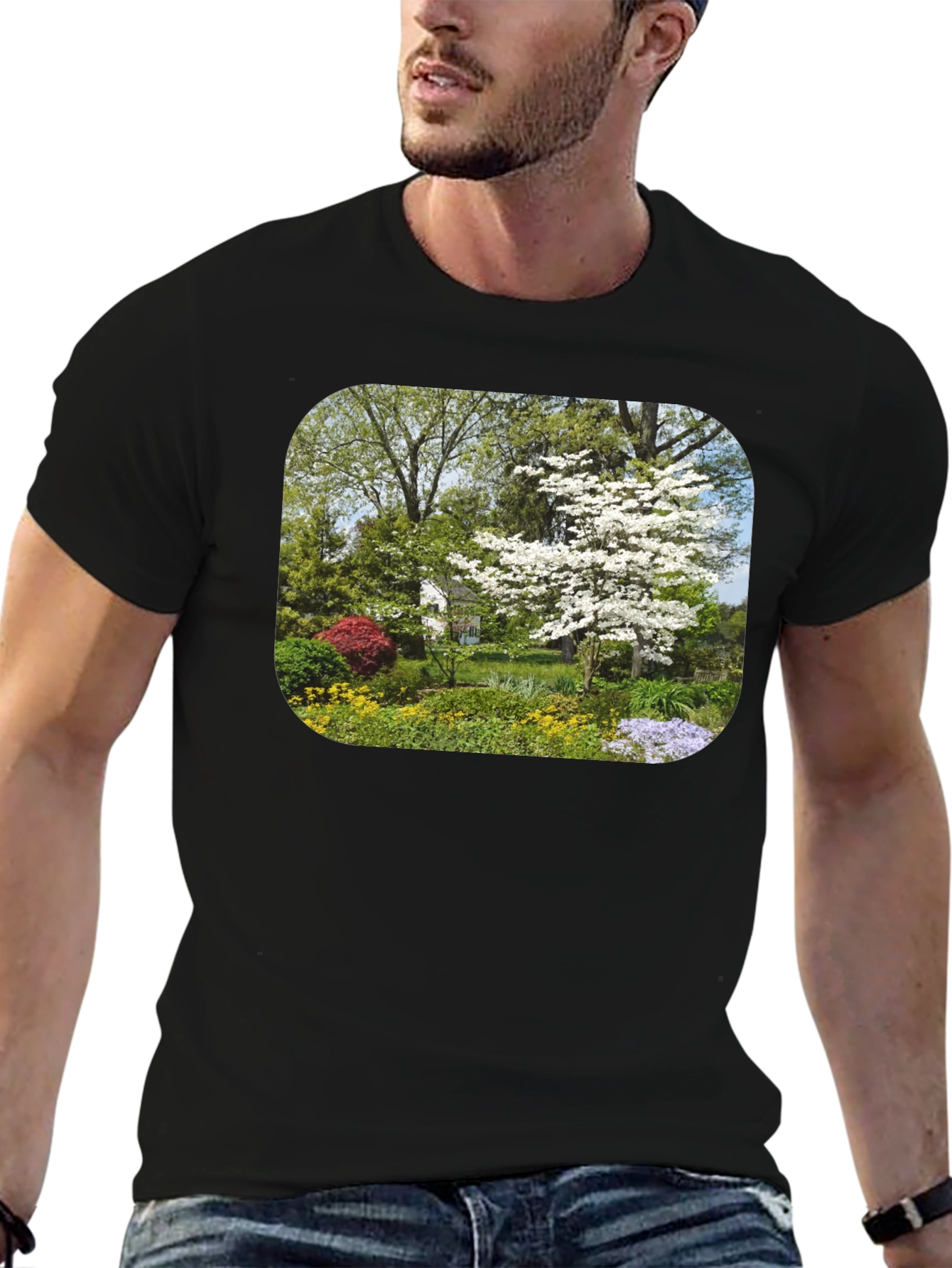 Nature Garden Scene Black T-Shirt