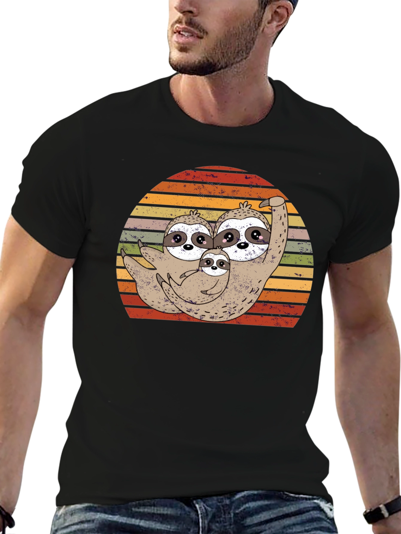Cute Sloth Family Sunset T-Shirt - Black