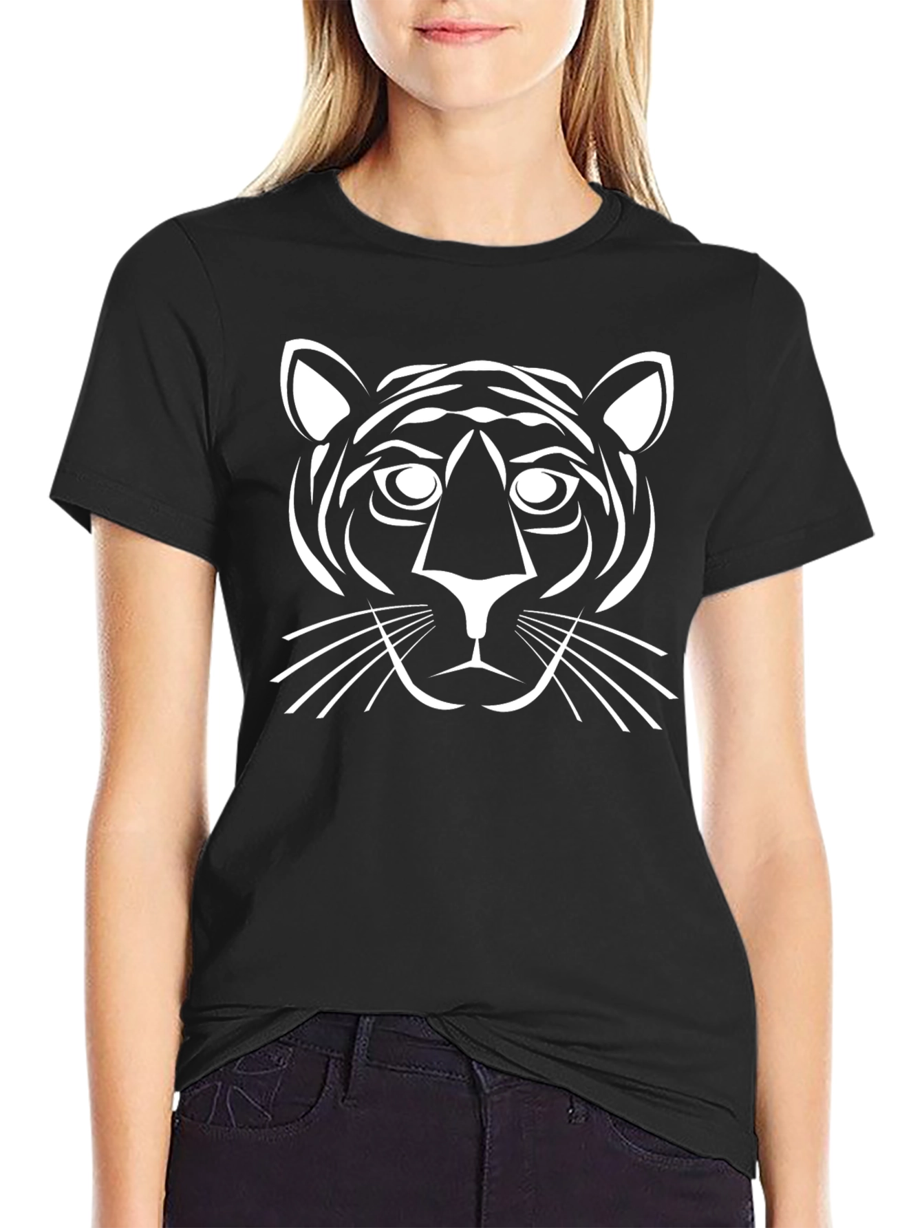 Black T-Shirt with White Tiger Graphic