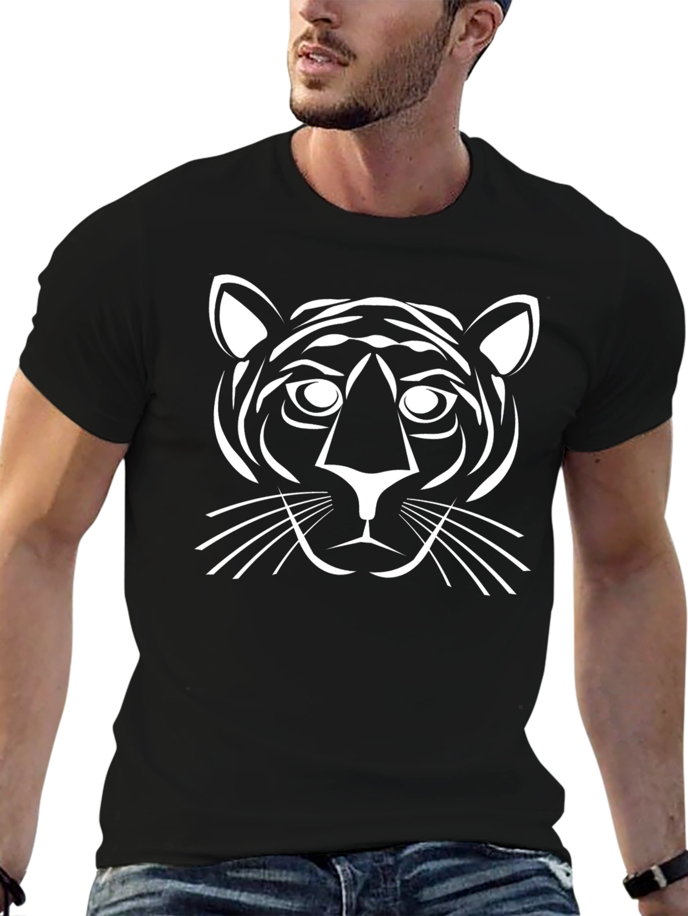 Black T-Shirt with White Tiger Graphic