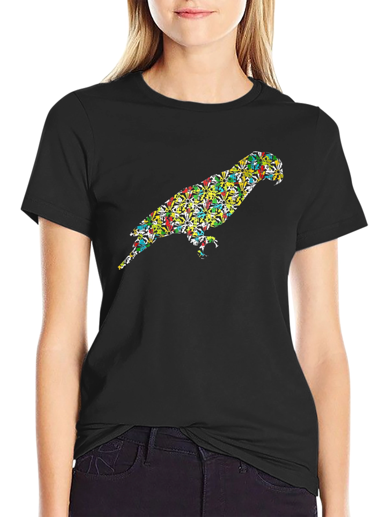 Parrot Print Black T-Shirt - Unique Bird Design