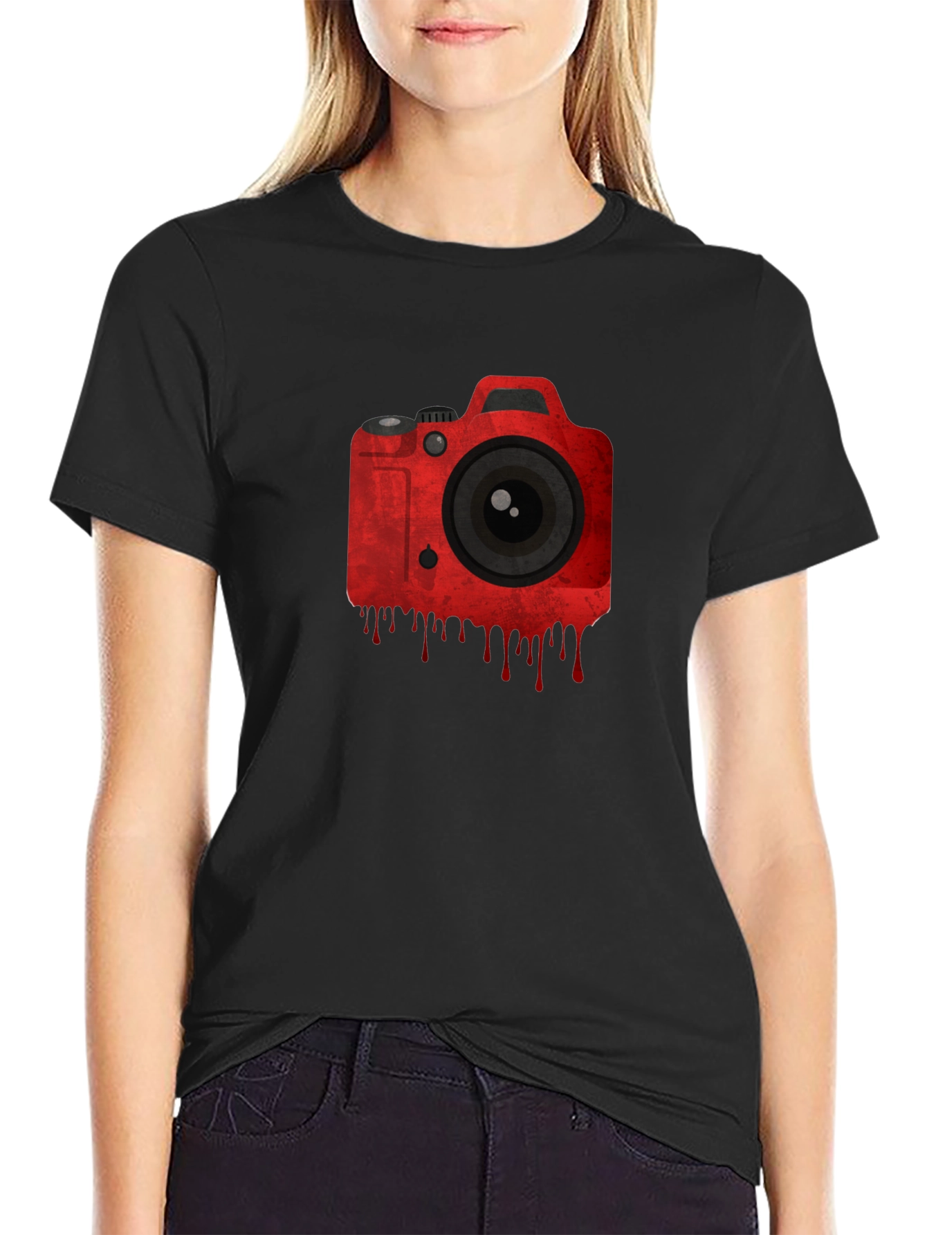 Red Camera Graphic Black T-Shirt