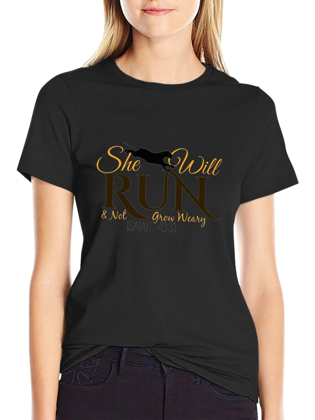 She Will Run Black T-Shirt | Christian Graphic Tee