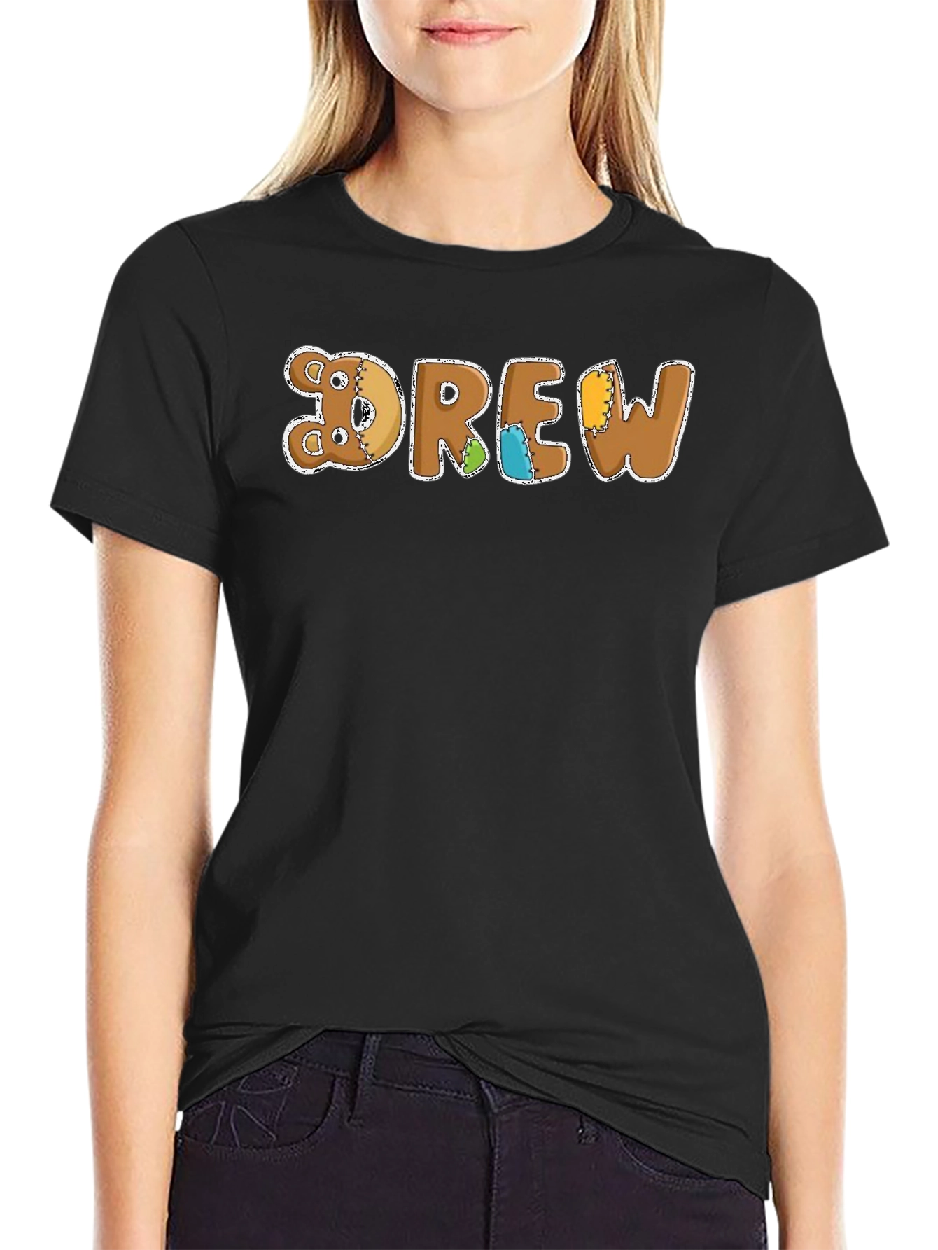 DREW Teddy Bear Patchwork Style Black T-Shirt