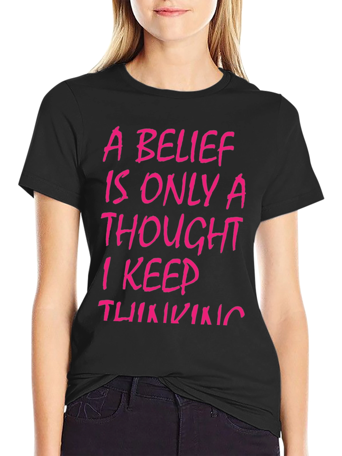 Belief Thought T-Shirt - Black with Pink Text
