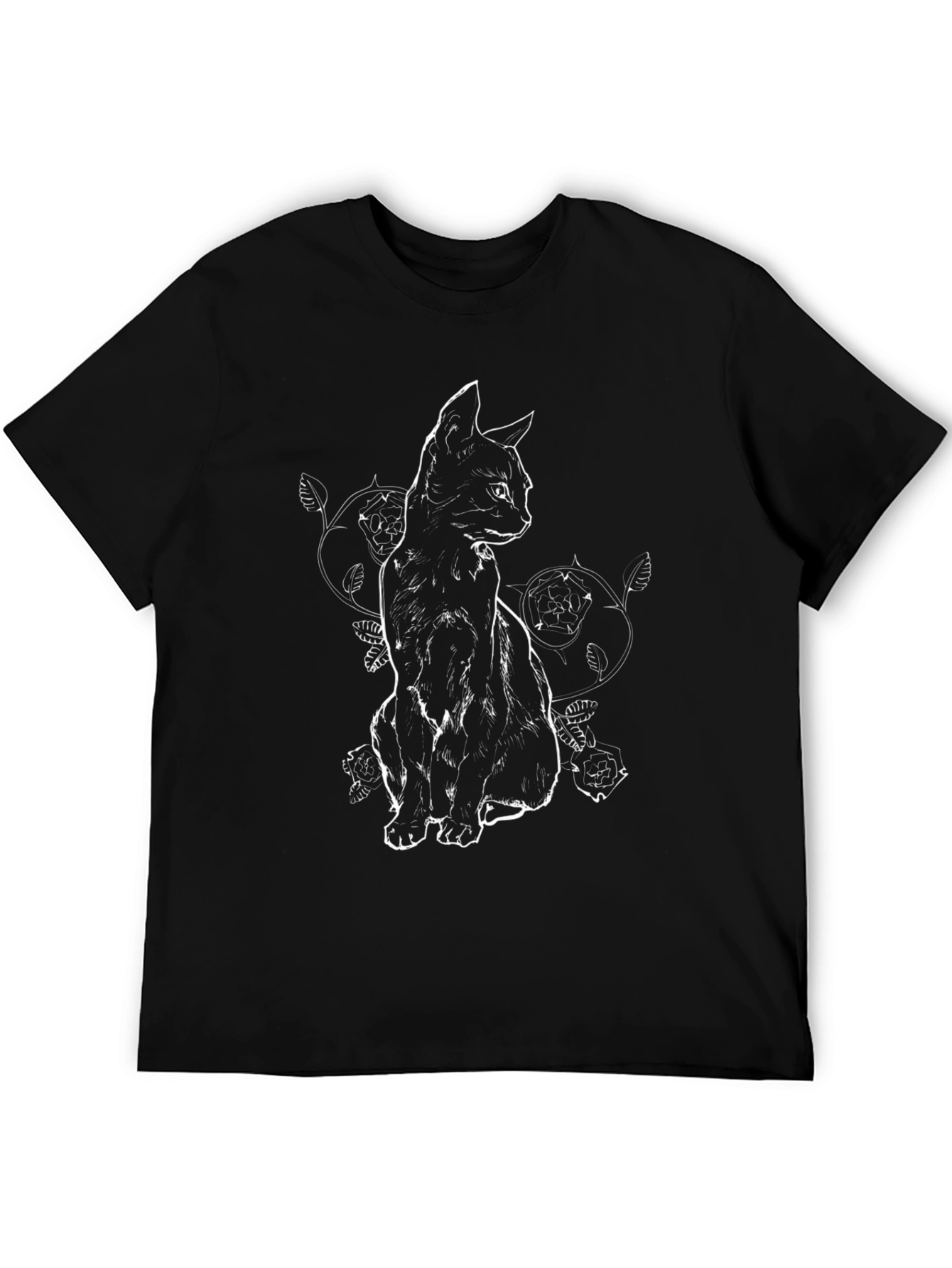 Black Cat Roses Graphic Tee - Stylish Mens T-Shirt