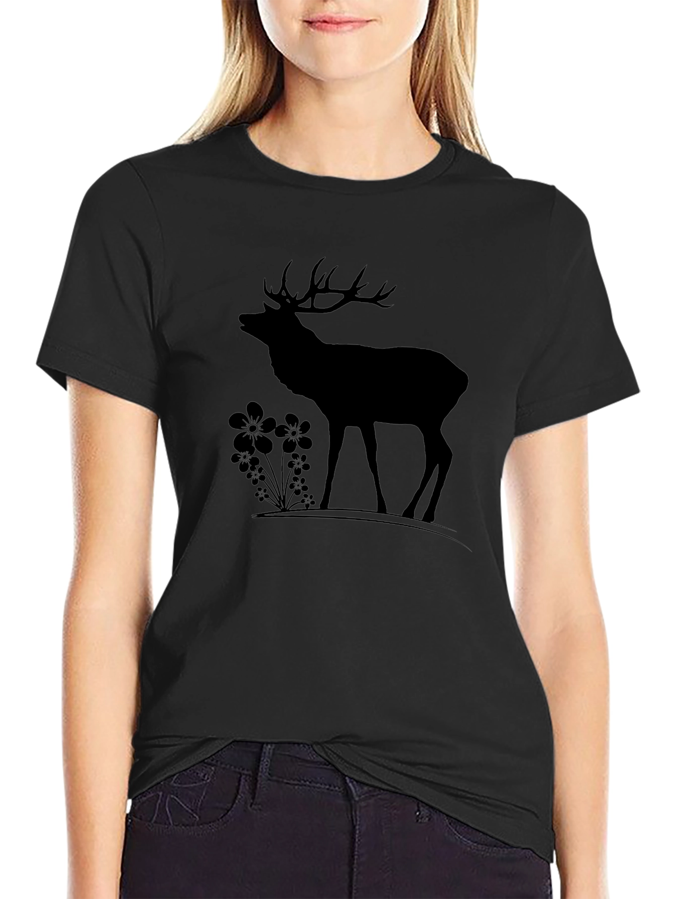 Silhouette Deer Graphic Tee - Black