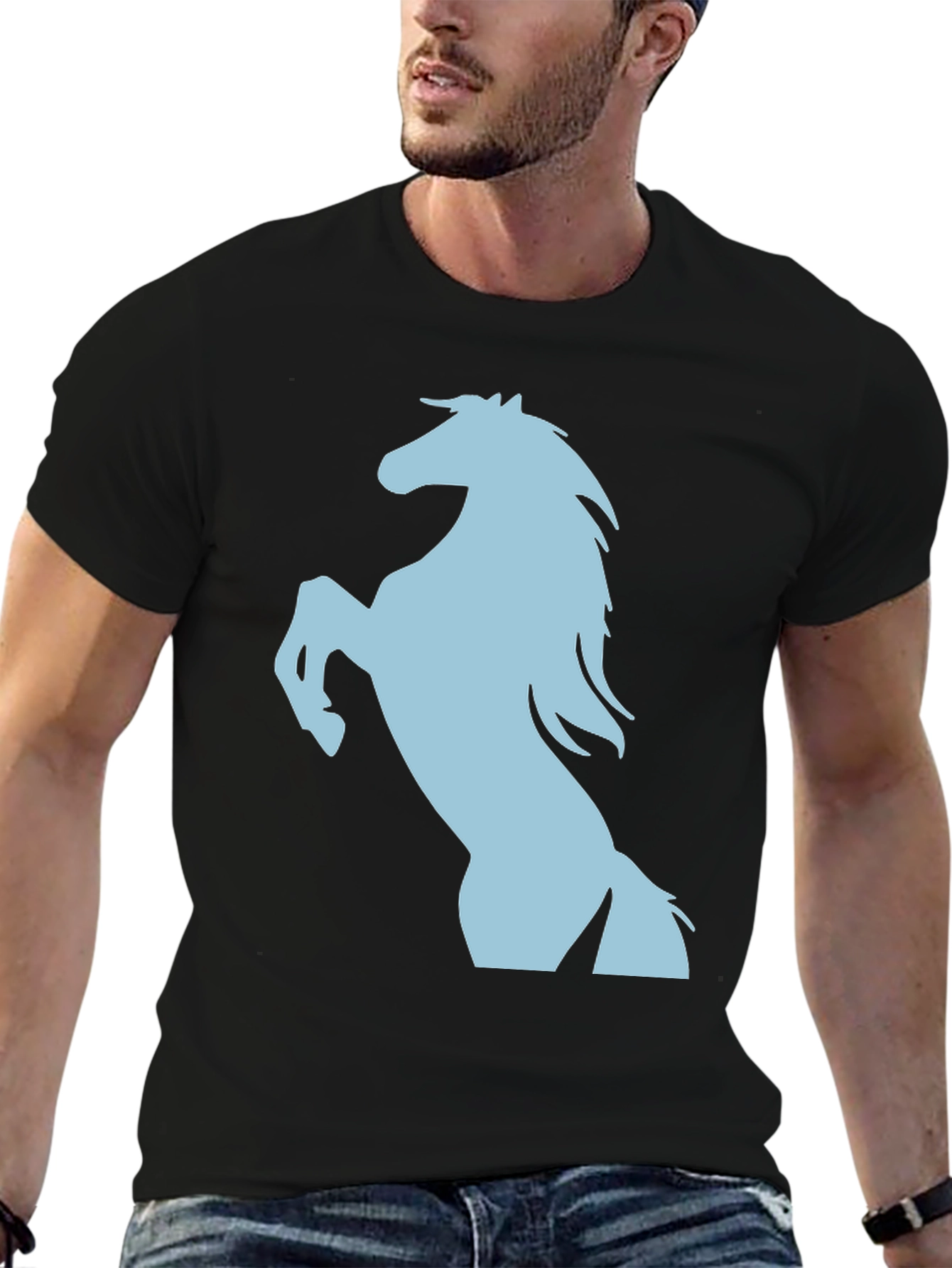 Black Tee with Light Blue Horse Graphic