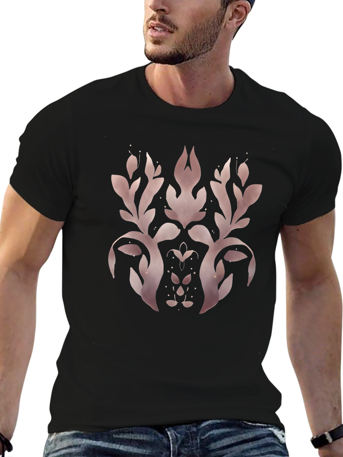 Elegant Black T-Shirt with Rose Gold Floral Design