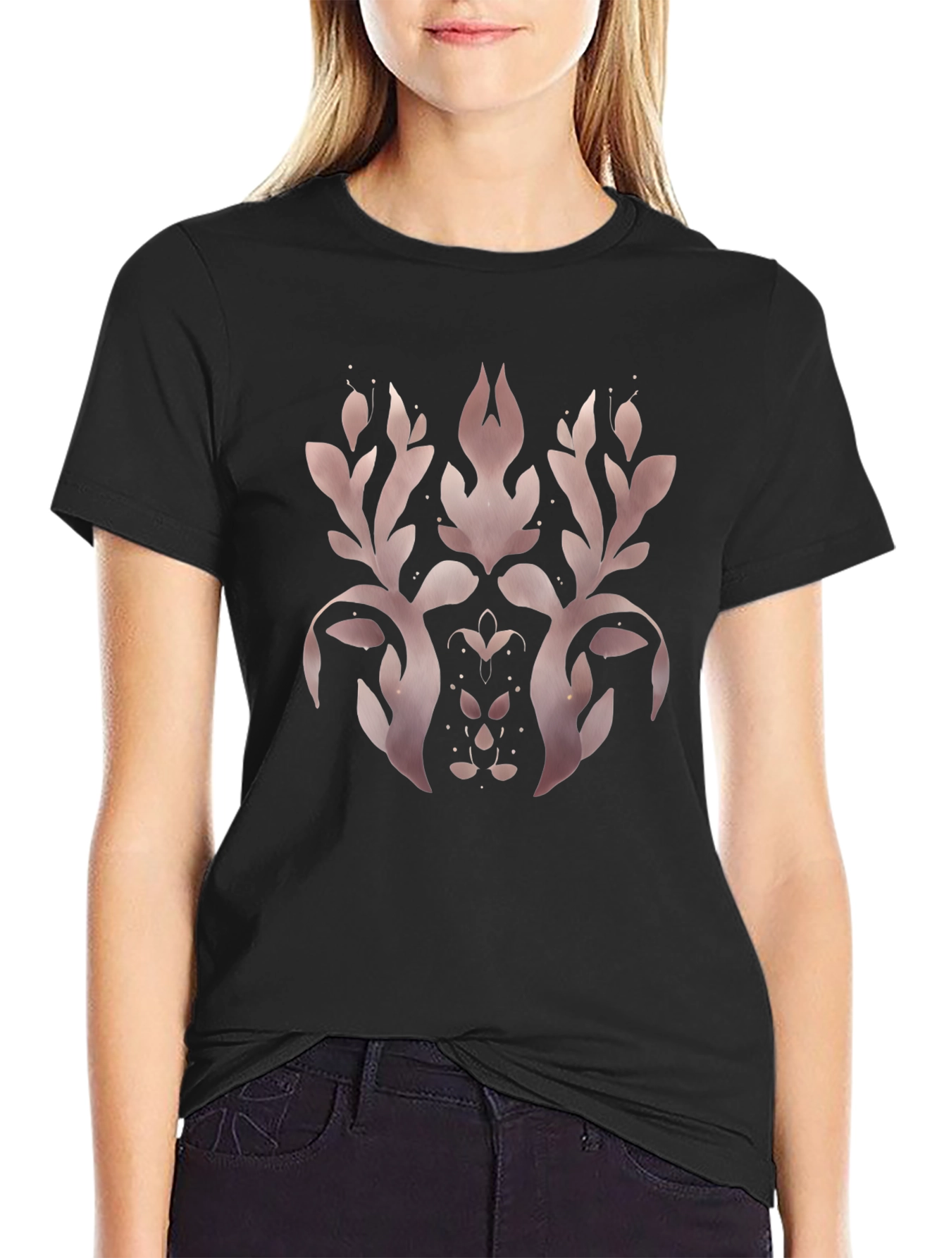 Elegant Black T-Shirt with Rose Gold Floral Design