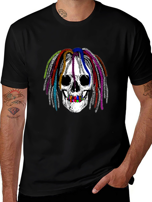 Skull with Colorful Dreads Graphic Tee - Black