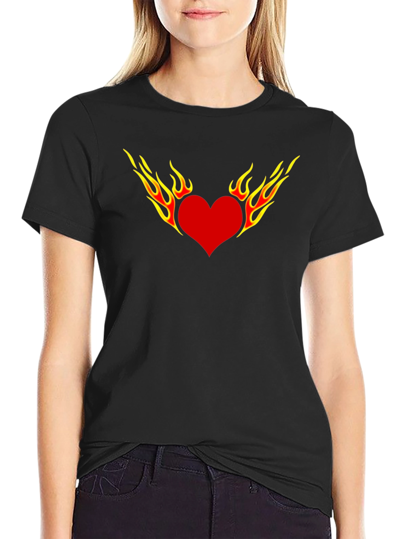 Fiery Heart Graphic Tee - Black Cotton T-Shirt