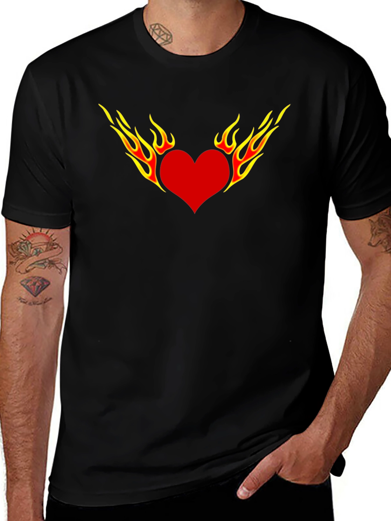 Fiery Heart Graphic Tee - Black Cotton T-Shirt