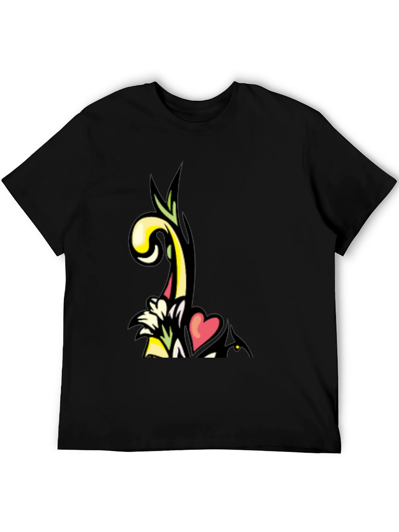 Artistic Floral Heart Graphic Black T-Shirt