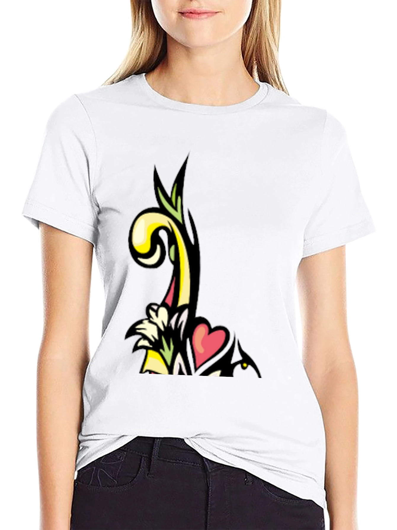 Artistic Floral Heart Graphic Black T-Shirt