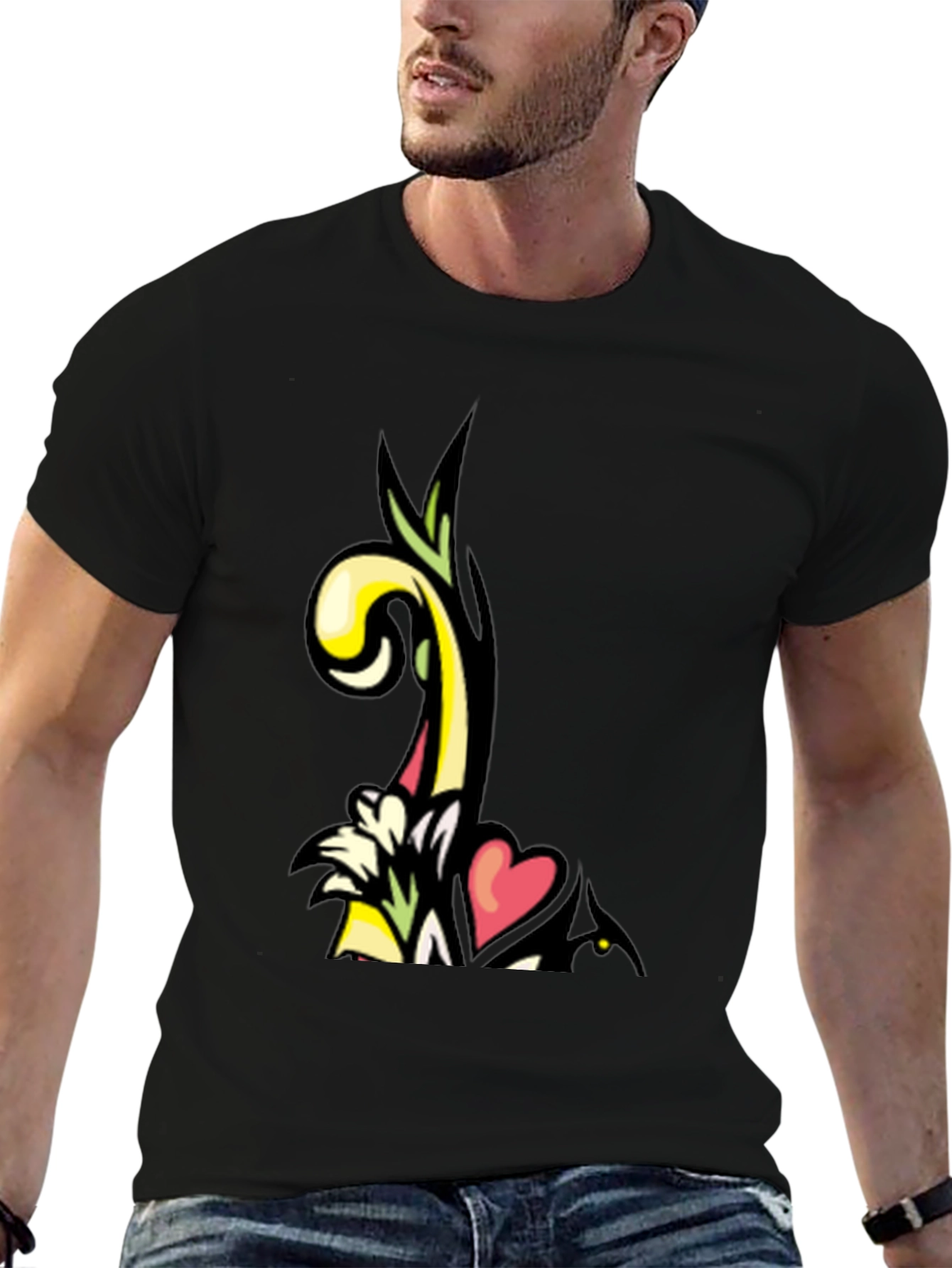 Artistic Floral Heart Graphic Black T-Shirt