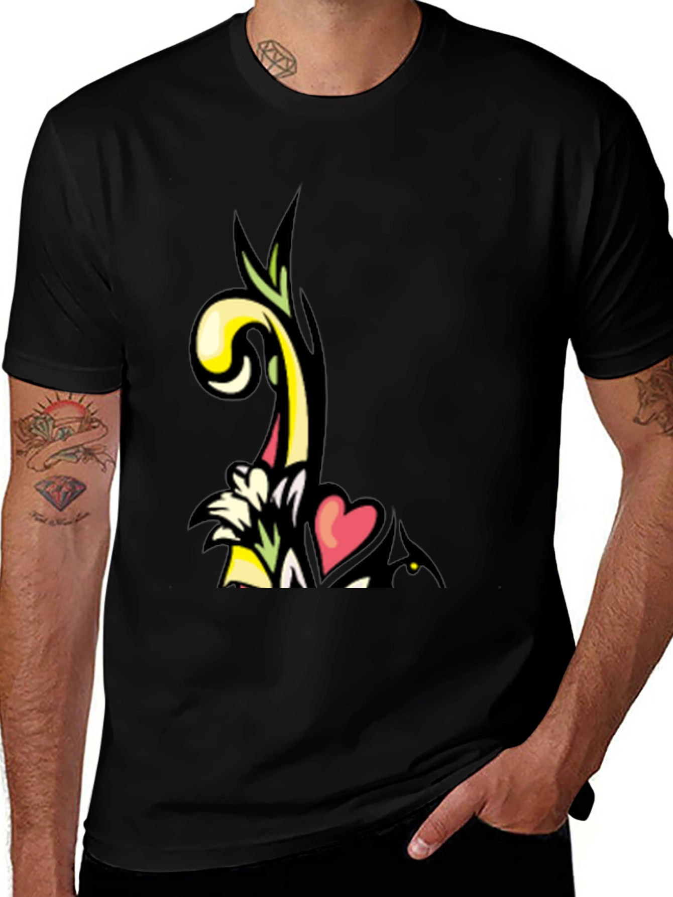 Artistic Floral Heart Graphic Black T-Shirt