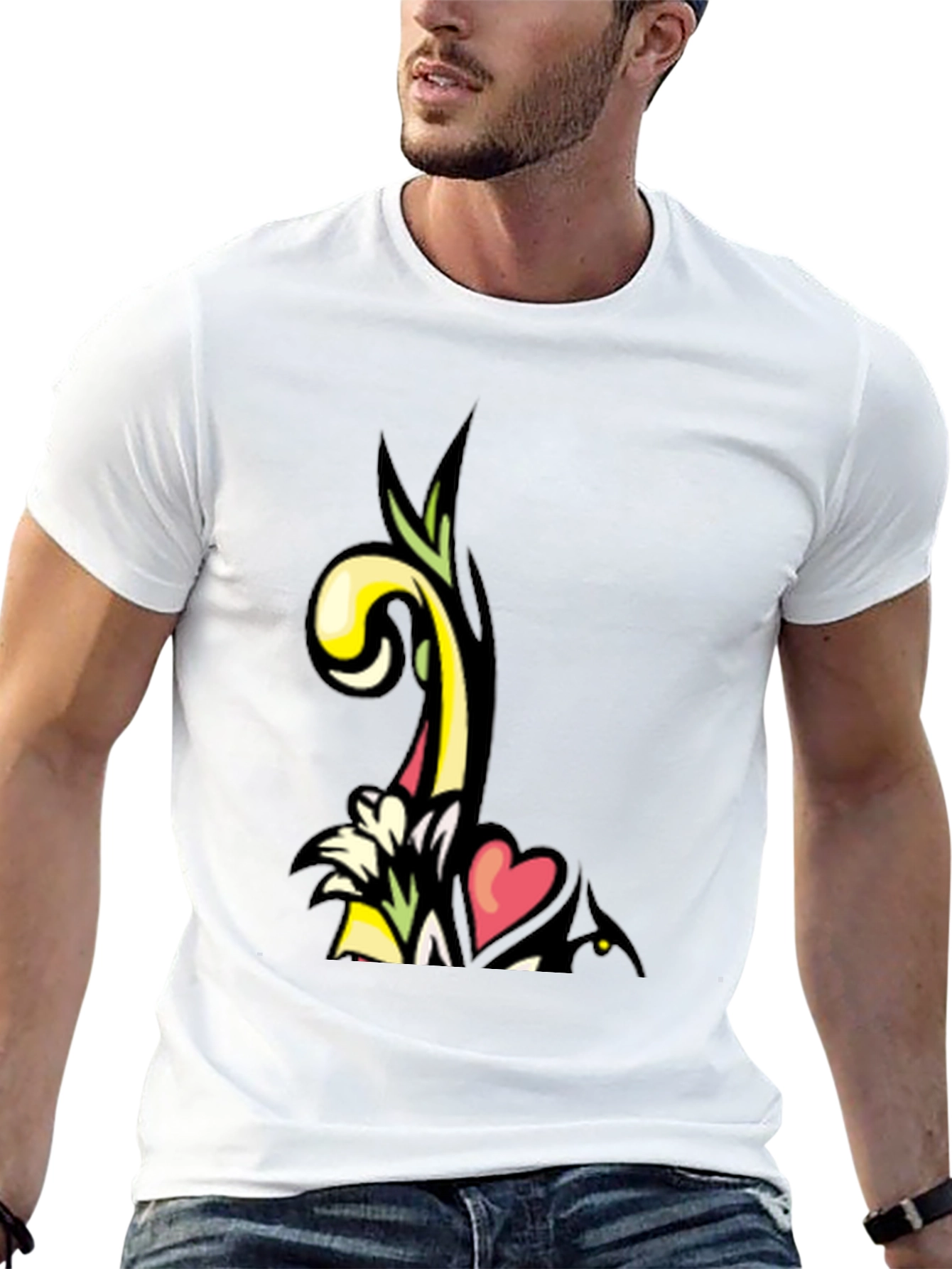 Artistic Floral Heart Graphic Black T-Shirt