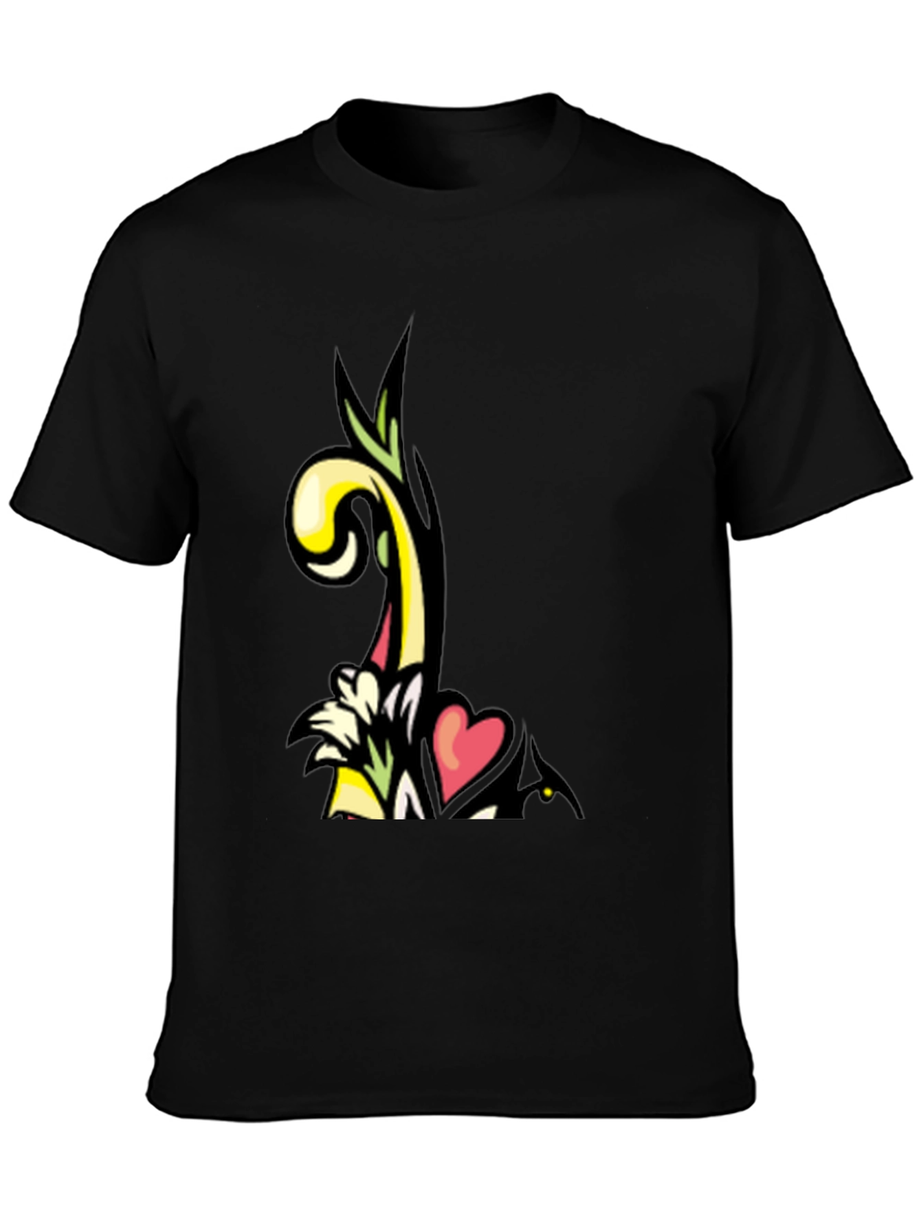 Artistic Floral Heart Graphic Black T-Shirt