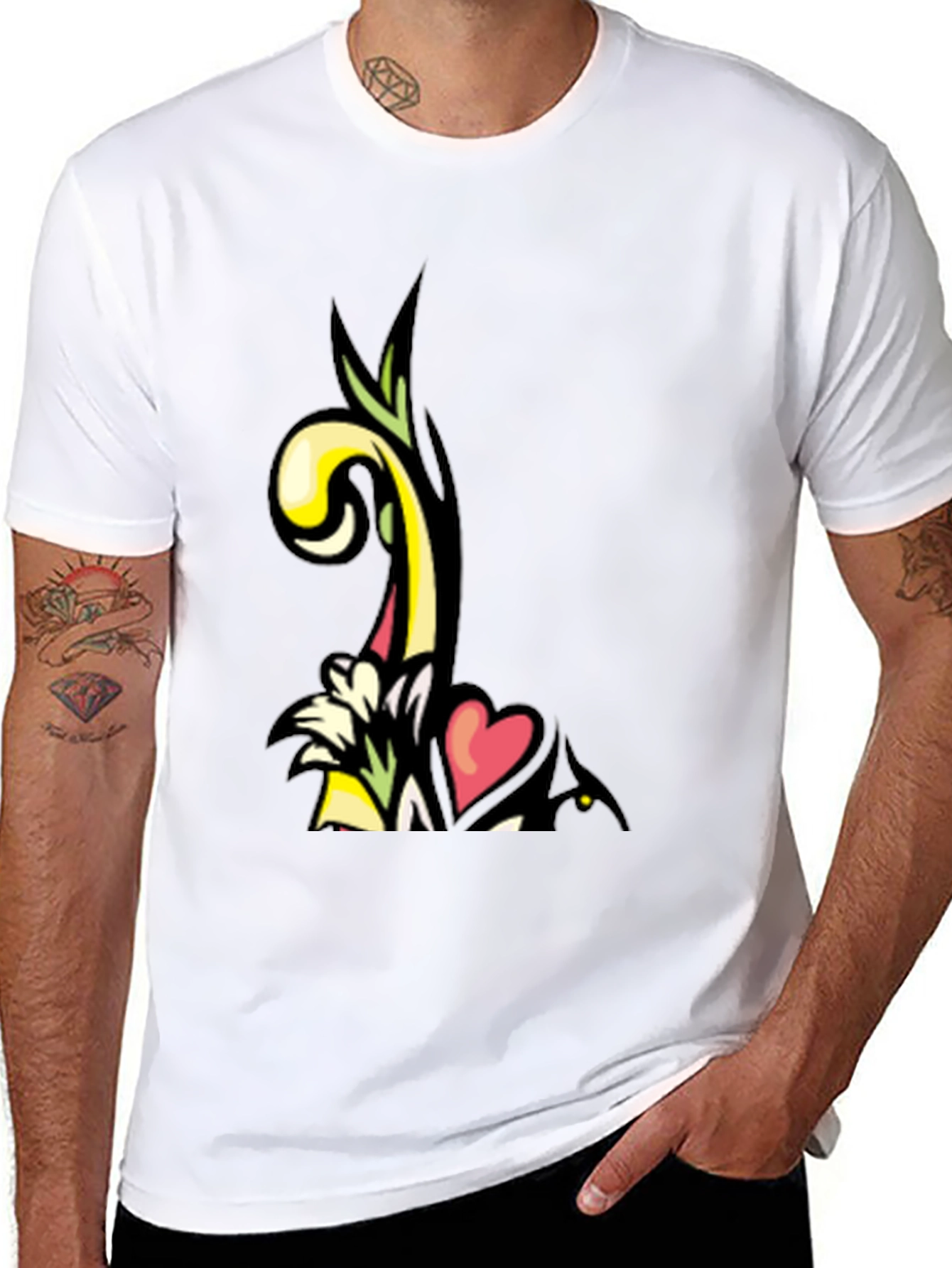 Artistic Floral Heart Graphic Black T-Shirt