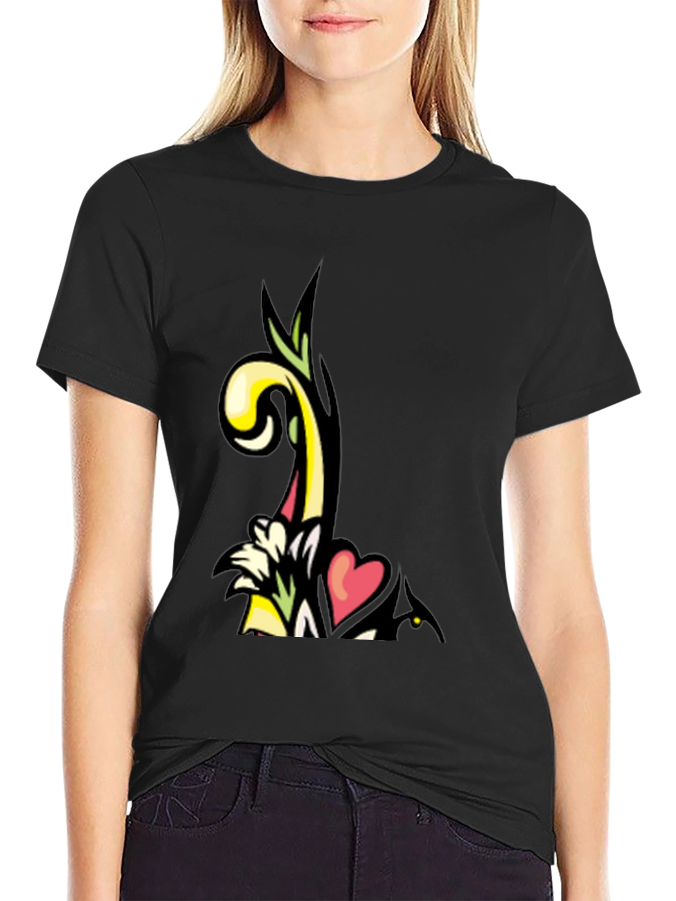 Artistic Floral Heart Graphic Black T-Shirt