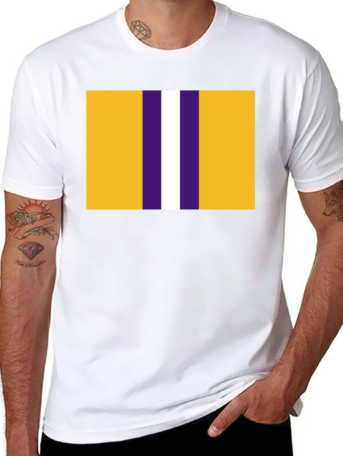 Striped Graphic T-Shirt - Gold Purple and White Design