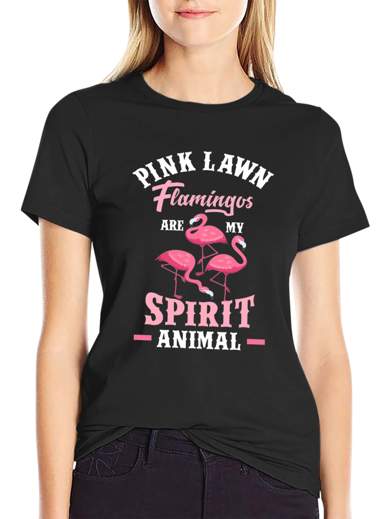 Pink Lawn Flamingos Spirit Animal Black T-Shirt