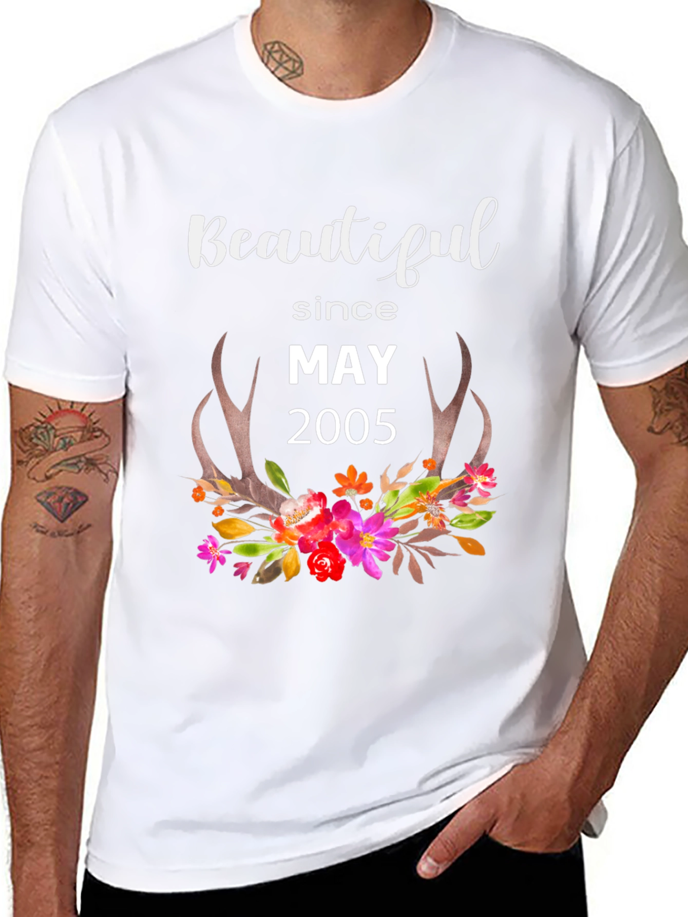 Beautiful Since May 2005 Floral Antler T-Shirt