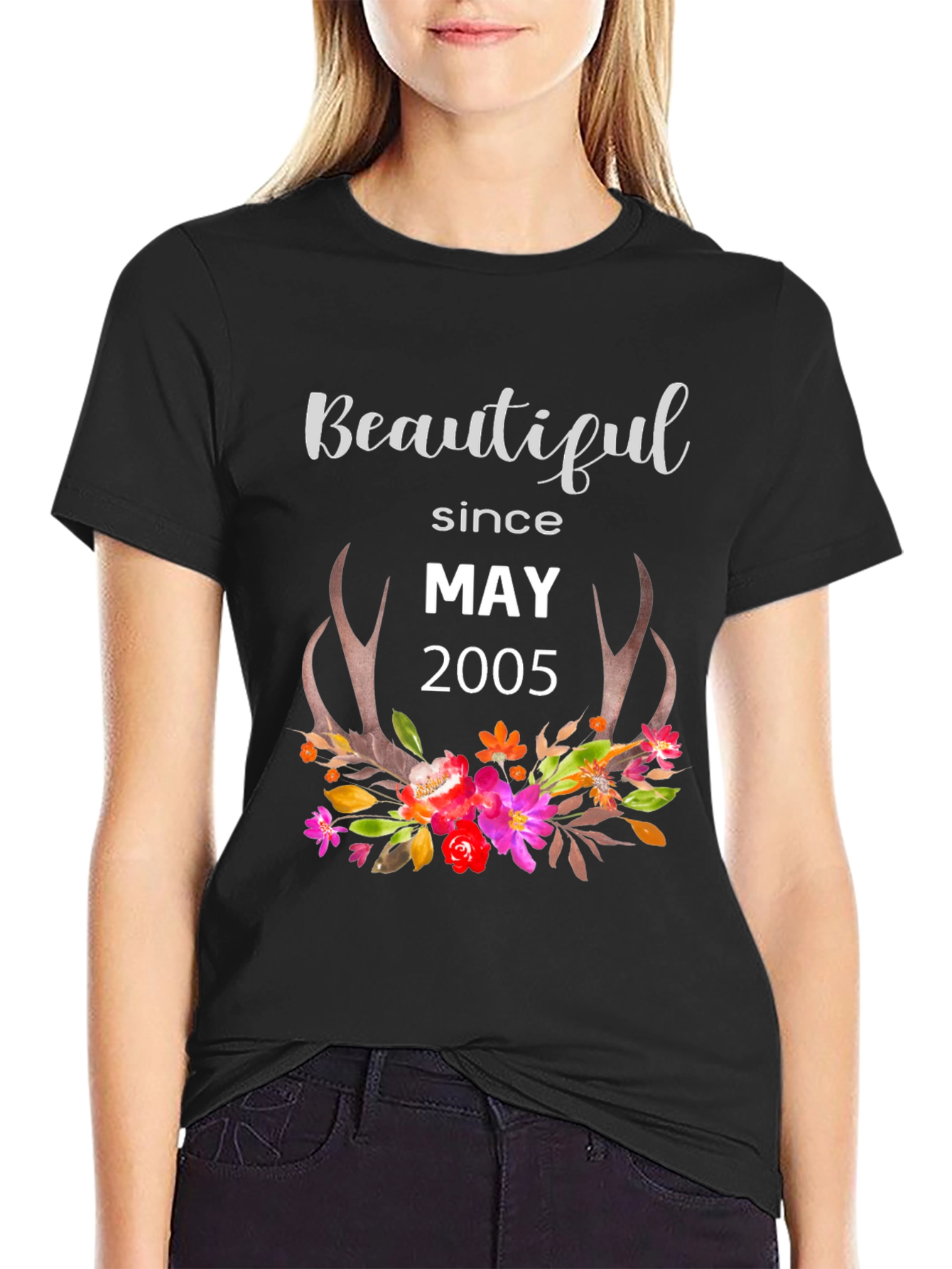 Beautiful Since May 2005 Floral Antler T-Shirt