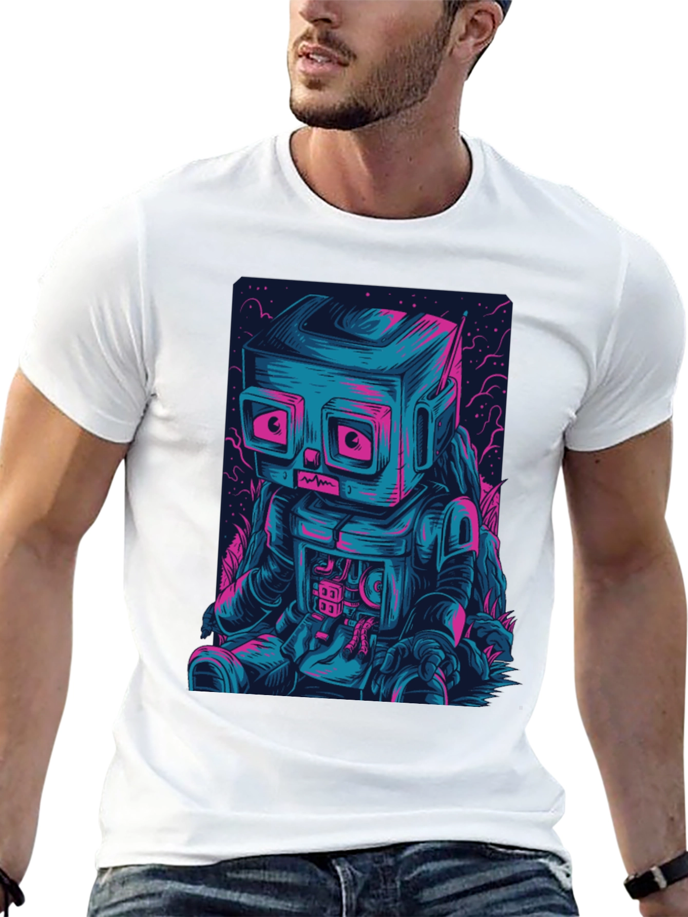 Robot Graphic Print Crew Neck T-Shirt