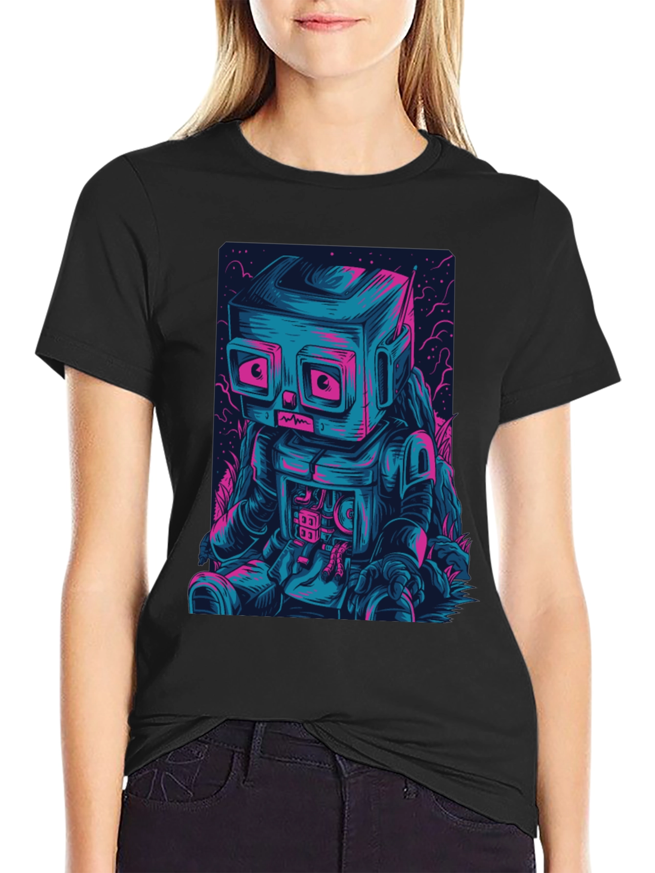 Robot Graphic Print Crew Neck T-Shirt
