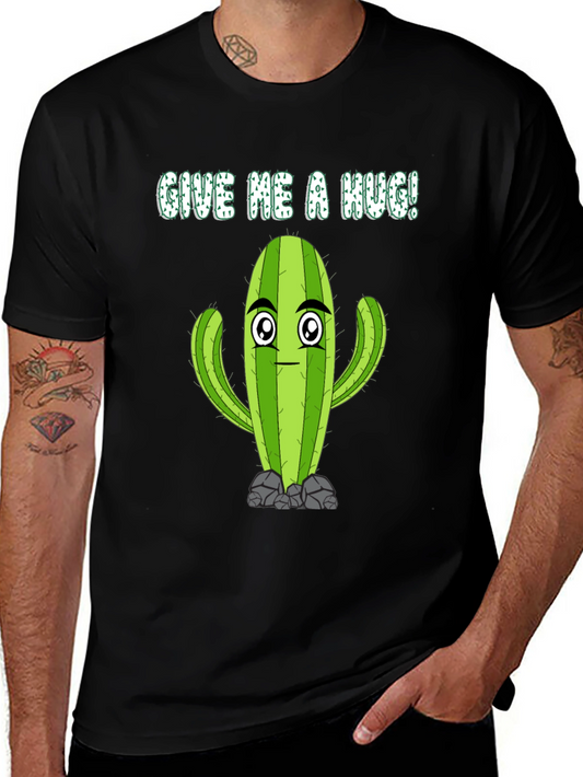Give Me a Hug Cactus Graphic Tee - Soft Black Cotton