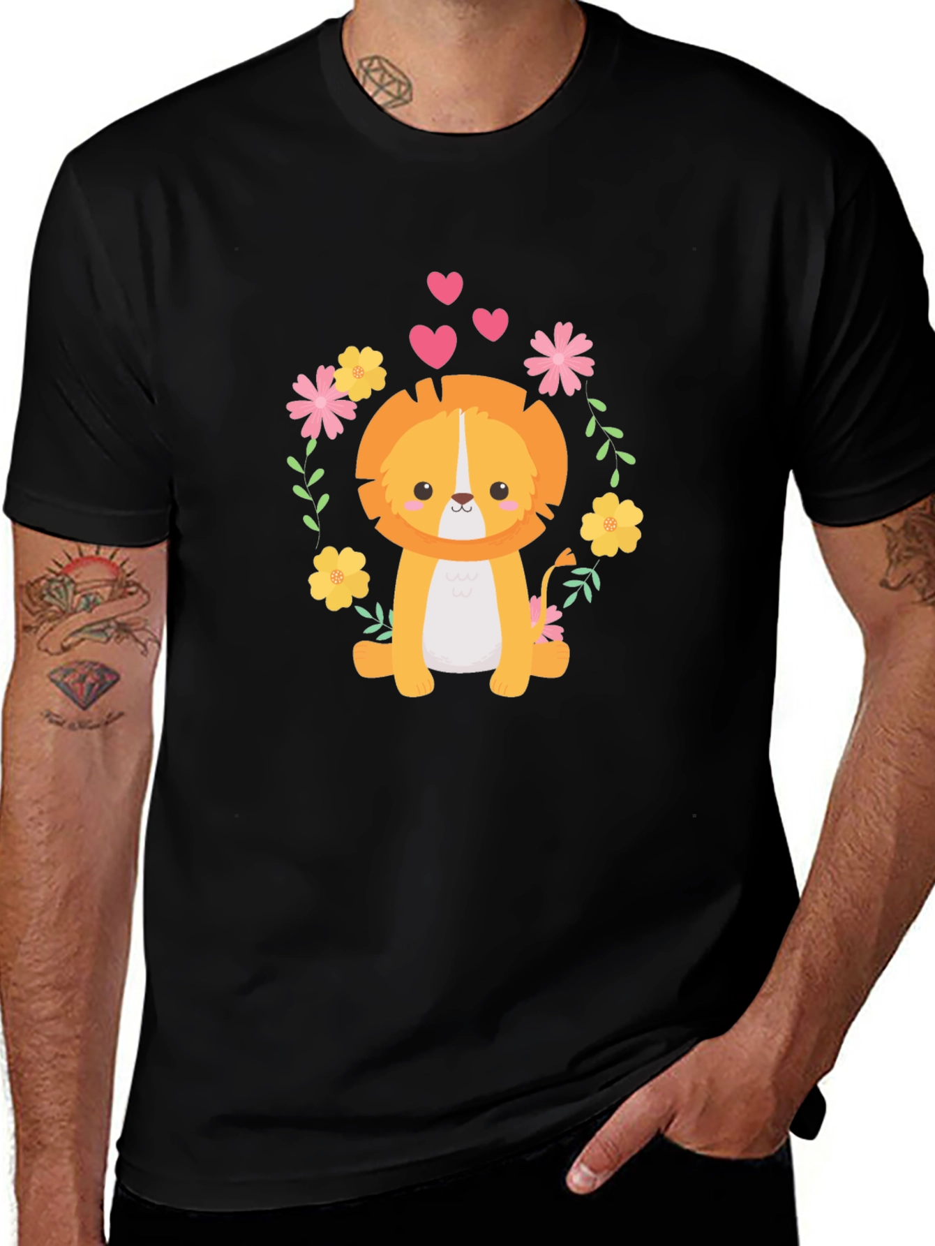 Cute Lion Graphic Tee - Black Cotton Blend T-Shirt