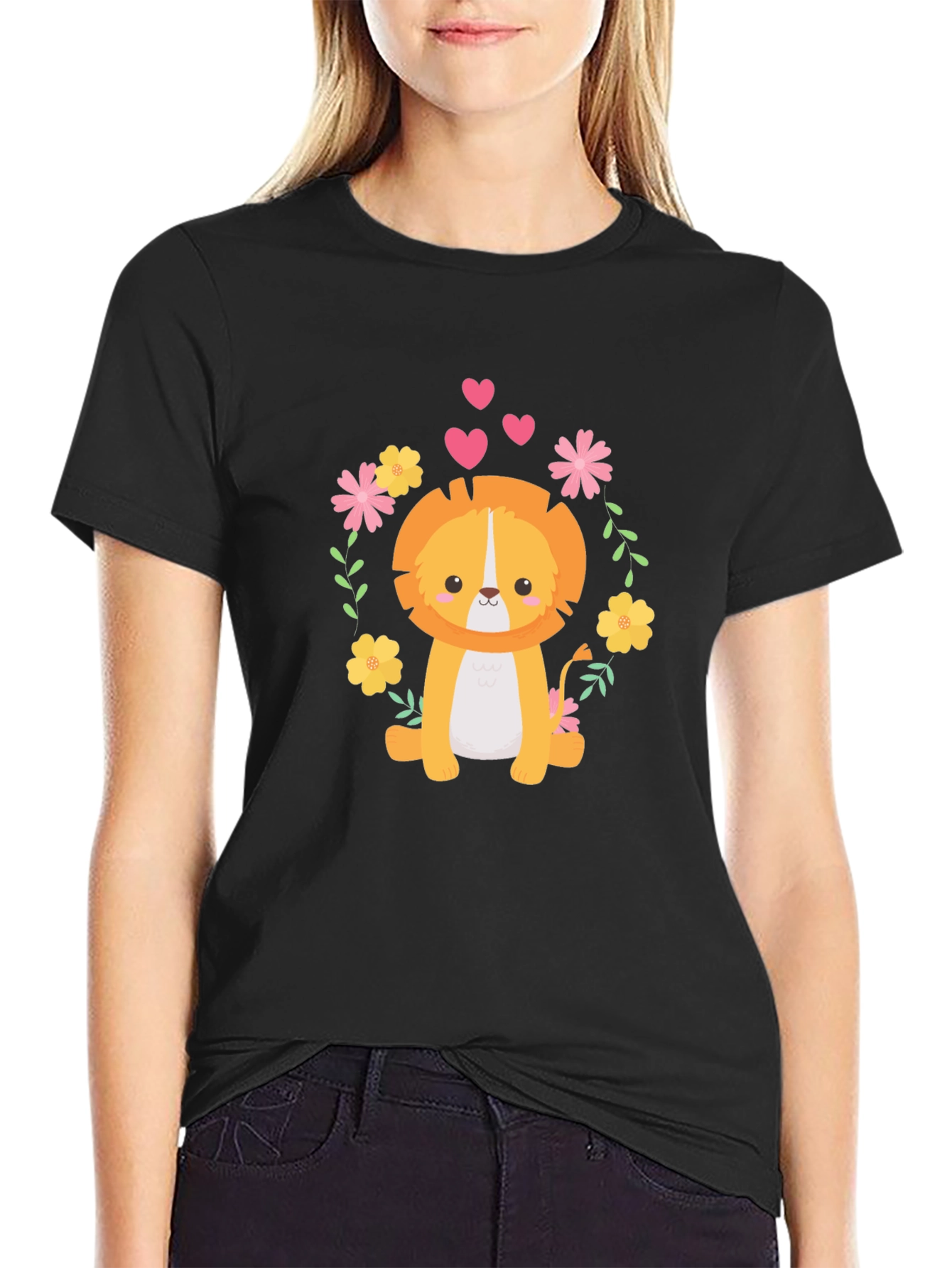 Cute Lion Graphic Tee - Black Cotton Blend T-Shirt