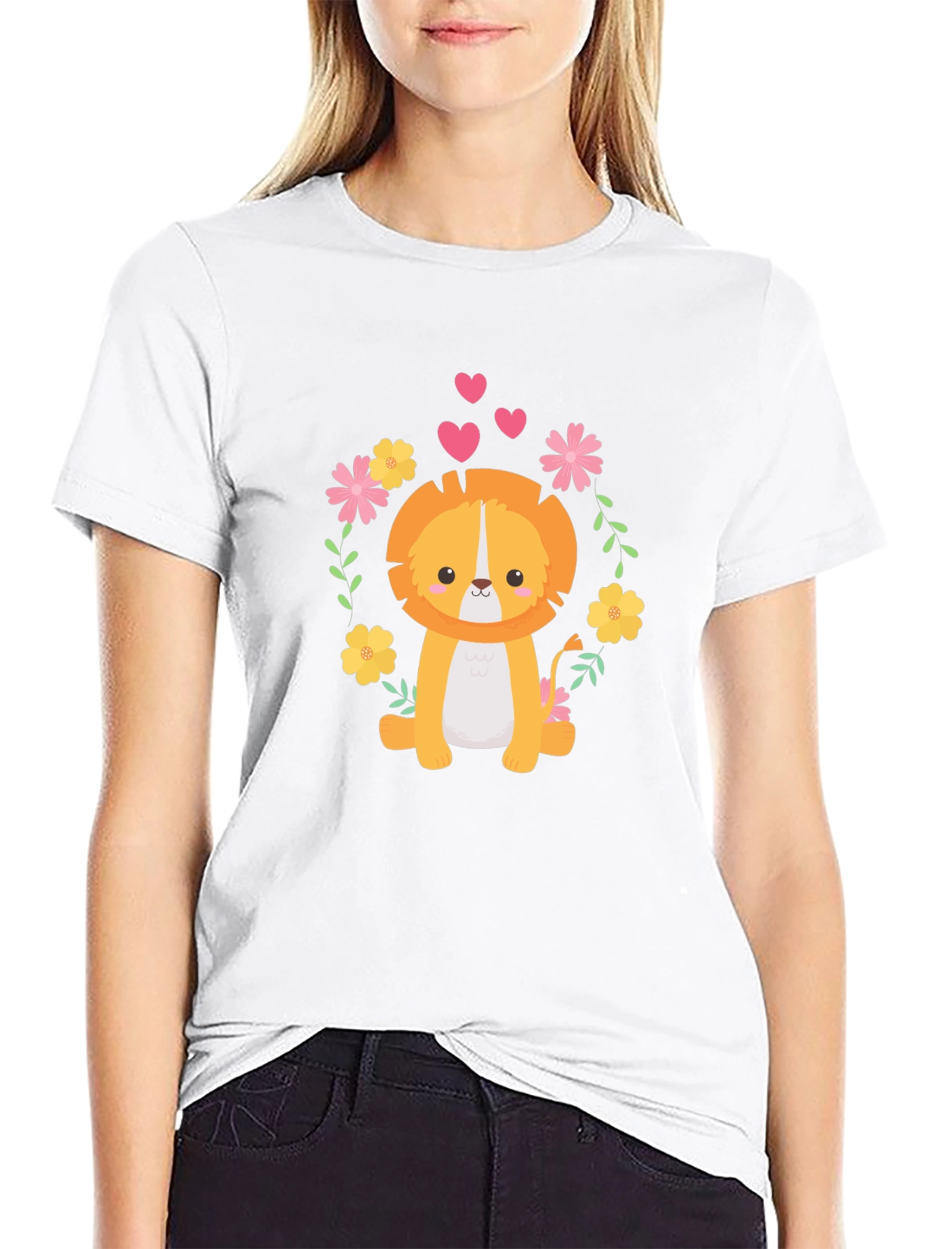 Cute Lion Graphic Tee - Black Cotton Blend T-Shirt