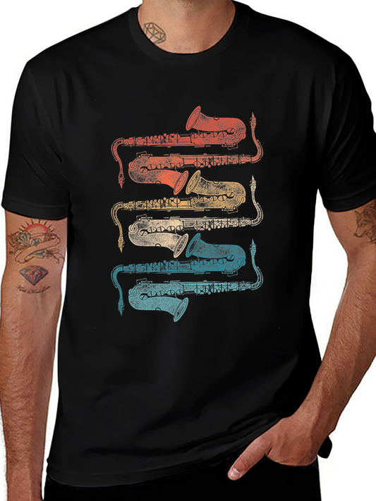 Vintage Saxophone Graphic Print T-Shirt