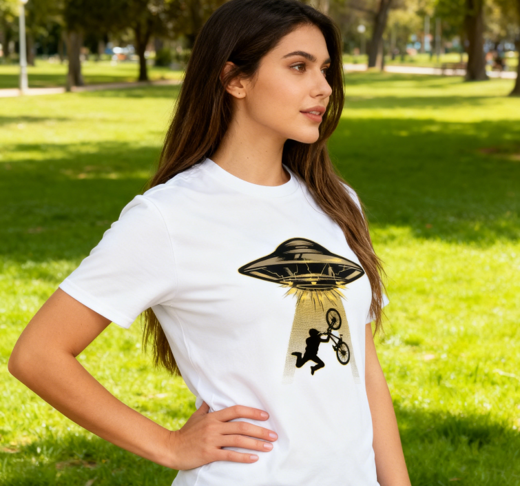 UFO Bicycle Graphic T-Shirt 100% Cotton Unisex Casual Short Sleeve Sci-Fi Funny Tee for Men & Women Daily Outdoor