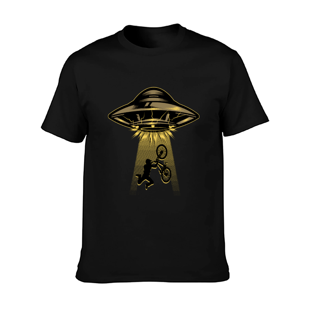 UFO Bicycle Graphic T-Shirt 100% Cotton Unisex Casual Short Sleeve Sci-Fi Funny Tee for Men & Women Daily Outdoor