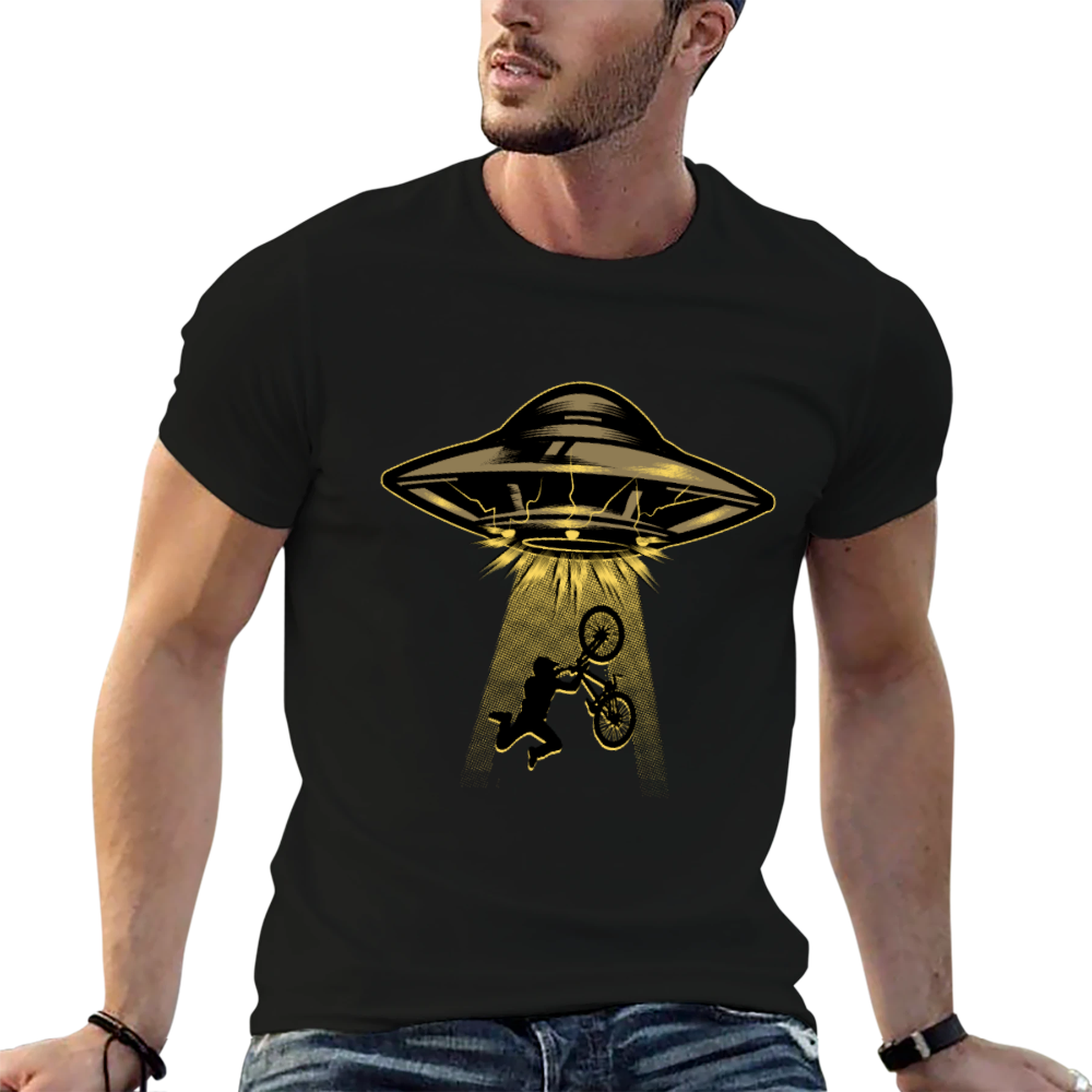 UFO Bicycle Graphic T-Shirt 100% Cotton Unisex Casual Short Sleeve Sci-Fi Funny Tee for Men & Women Daily Outdoor