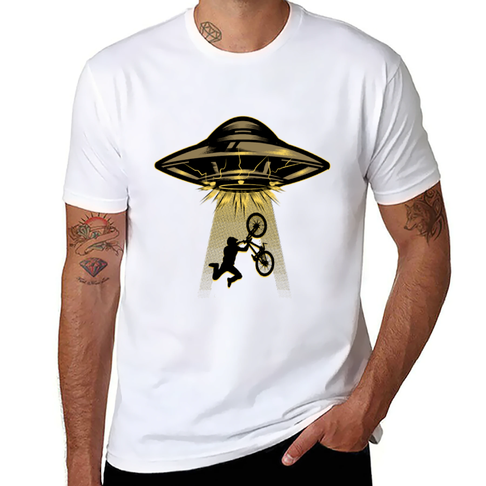 UFO Bicycle Graphic T-Shirt 100% Cotton Unisex Casual Short Sleeve Sci-Fi Funny Tee for Men & Women Daily Outdoor