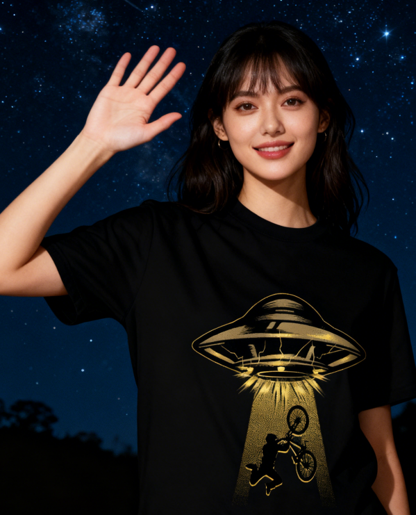 UFO Bicycle Graphic T-Shirt 100% Cotton Unisex Casual Short Sleeve Sci-Fi Funny Tee for Men & Women Daily Outdoor