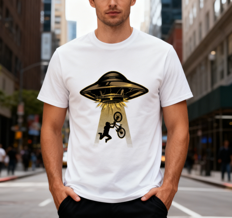 UFO Bicycle Graphic T-Shirt 100% Cotton Unisex Casual Short Sleeve Sci-Fi Funny Tee for Men & Women Daily Outdoor