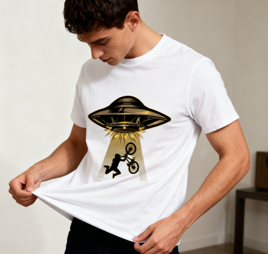 UFO Bicycle Graphic T-Shirt 100% Cotton Unisex Casual Short Sleeve Sci-Fi Funny Tee for Men & Women Daily Outdoor