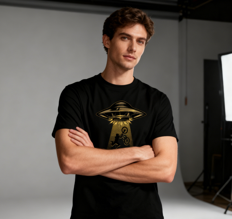 UFO Bicycle Graphic T-Shirt 100% Cotton Unisex Casual Short Sleeve Sci-Fi Funny Tee for Men & Women Daily Outdoor
